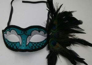 Teal Peacock Feather Mask w Sliver Glitter Mardi Gras Celebration Masks