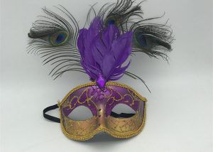 Purple Gold Glitter Mardi Gras Mask W Peacock Feather