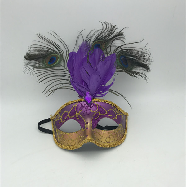 Purple Gold Glitter Mardi Gras Mask W Peacock Feather 