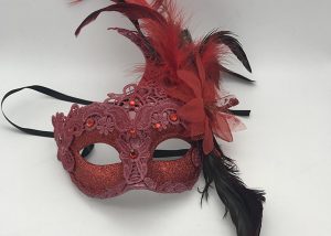 Red Masquerade Lace Mask with Long Feathers