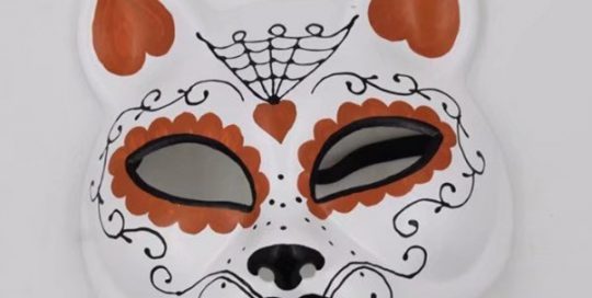 Orange, White Cat Half Face Mask Gato Muerto Sugar Skull Cat Mask