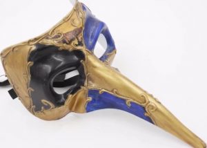 Mardi Gras Long Beak Mask Half Face Black W Blue Eyed Gold Mask