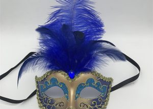 Blue Gold Glittering Venetian Masquerade Mask with Feathers Mardi Gras