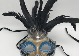 Black feather Silver and Teal Glitter Carnival Eye Mask For Mardi Gras