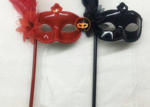 Red & Black Feather Party Ball Eye Mask On A Stick