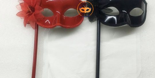 Red & Black Feather Party Ball Eye Mask On A Stick