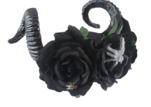 Halloween Sheep Horn Headwear With Black Flowers and Grey Spider