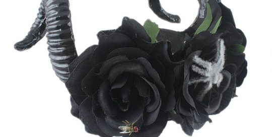 Halloween Sheep Horn Headwear With Black Flowers and Grey Spider