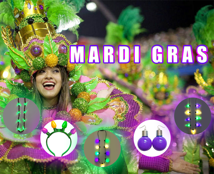 thumbnail image 2 of Flashing Mardi Gras Beaded Necklace | Purple, Green & Gold With LED Lights | 31-Inch Light Up Beads 2 of 12