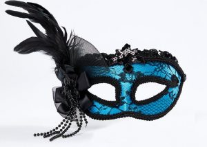 Blue Masquerade Mask with Feathers & Lace Ball Party