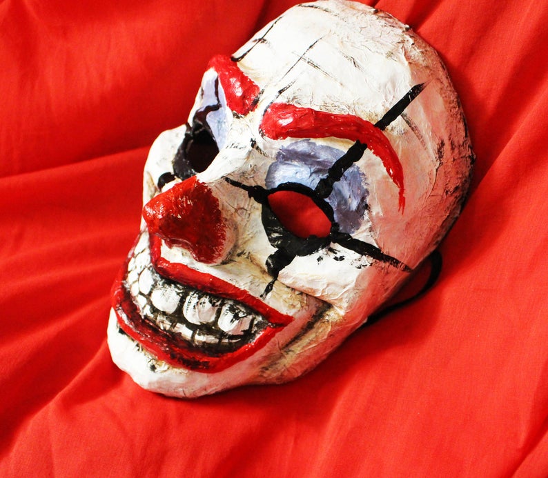 Creepy Clown Mask Paper Mache White Black Red Masks