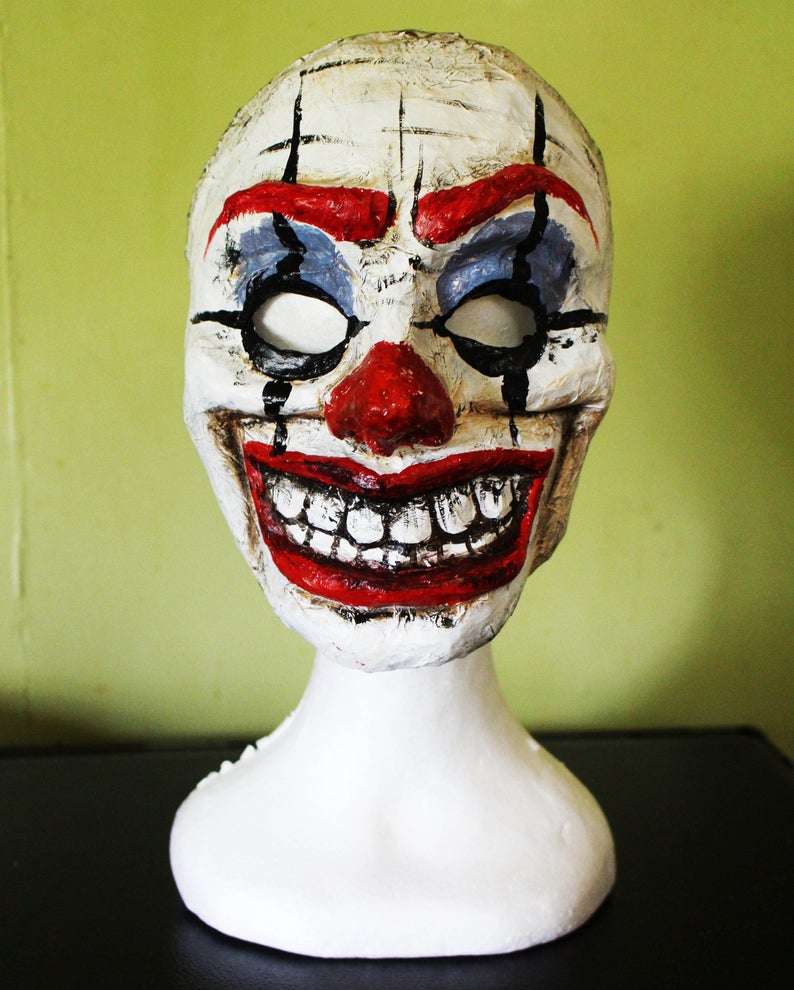 Creepy Clown Mask Paper Mache White Black Red Masks