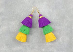 Happy Mardi Gras Tassel Earrings with Gold Binding