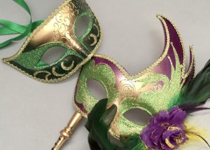 Mardi Gras Carnival Costume Feather Handle Masquerade ball mask on stick