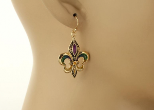Mardi Gras Fleur De Lis Earrings Purple Green Gold Jewelry New Orleans Carnival Gift Idea Accessory Saints
