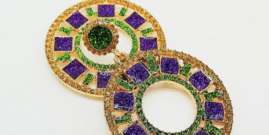 Mardi Gras round oil drip with PGG rhinestone earrings